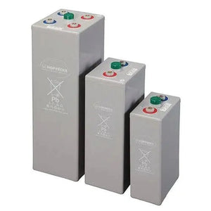 Three Hoppecke OPzV sealed gel tubular lead acid batteries in descending heights, each with colored terminal caps on top.