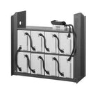 Large battery storage cabinet with eight white battery modules arranged in two rows, mounted in dark metal frame with cables 