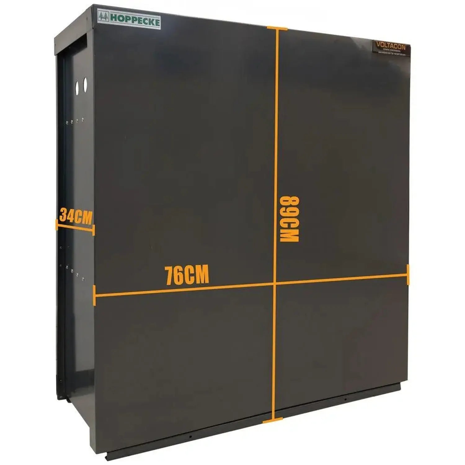 Hoppecke battery storage cabinet with yellow dimension markings showing 76cm width, 34cm depth, and 90.68cm height.