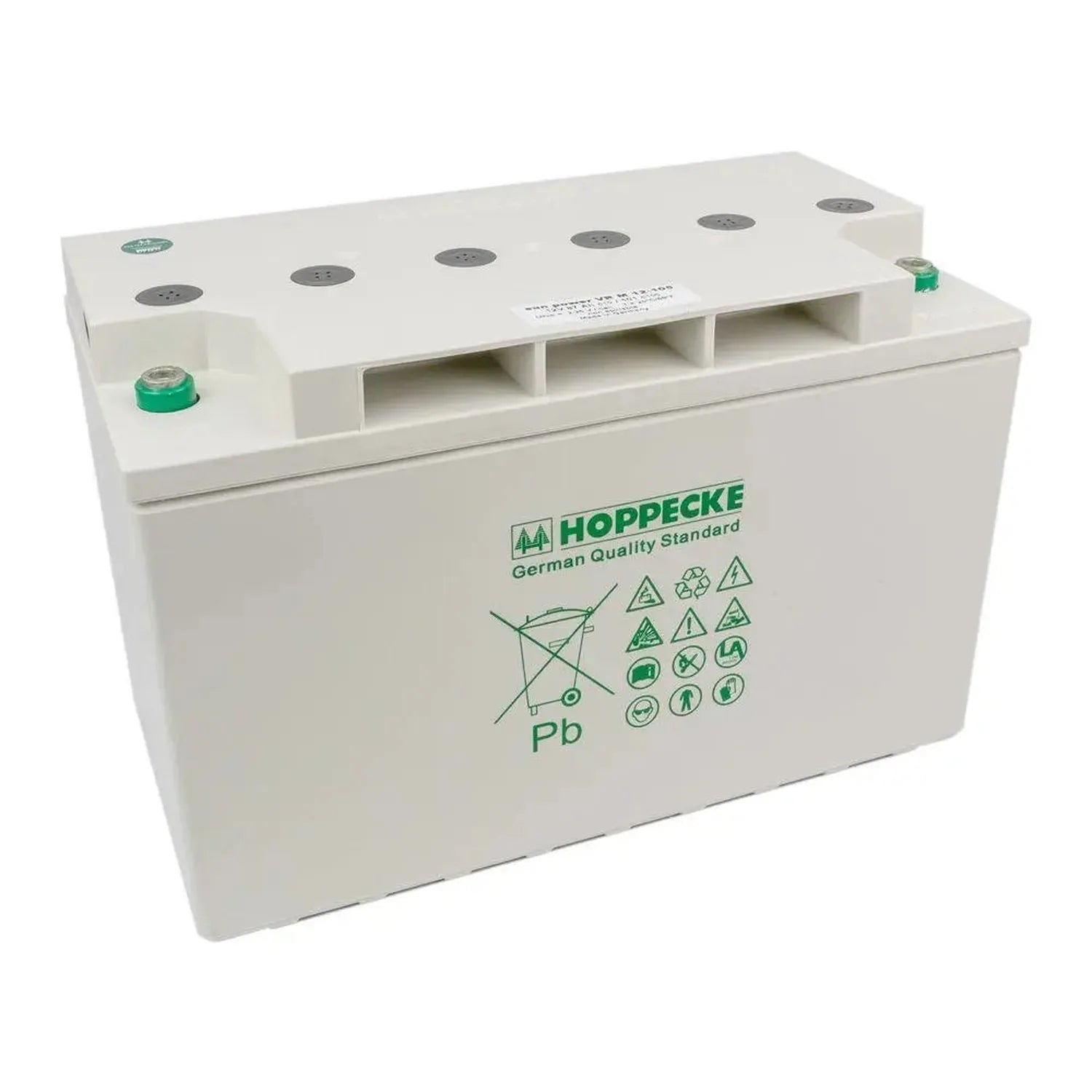 Hoppecke lead-acid battery with white casing, multiple cell caps on top, and green branding with recycling symbol and safety 