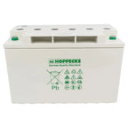 Hoppecke 12V deep cycle battery with white case, three cell terminals on top, and German quality standard markings including 