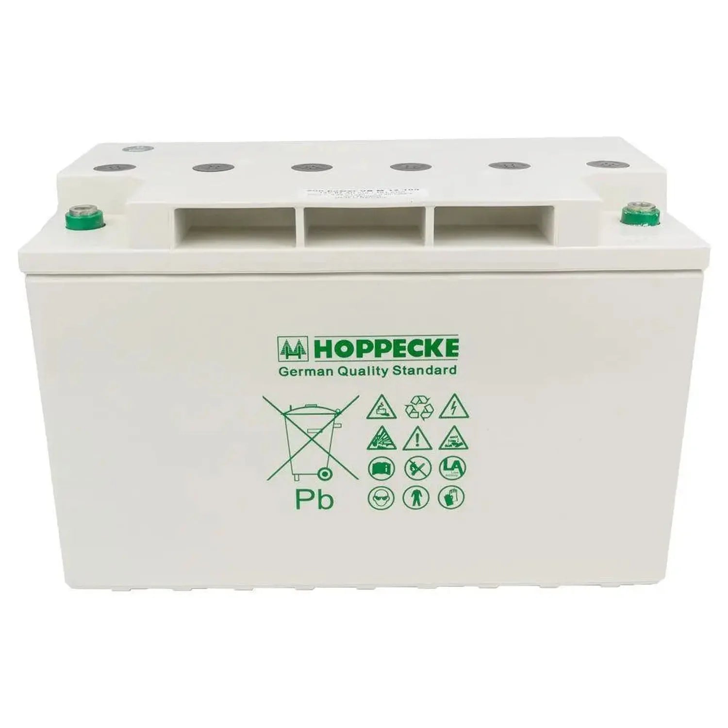 Hoppecke 12V deep cycle battery with white case, three cell terminals on top, and German quality standard markings including 