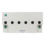 White rectangular battery with six black terminals on front face and two green connection posts on sides, label reads sun pow