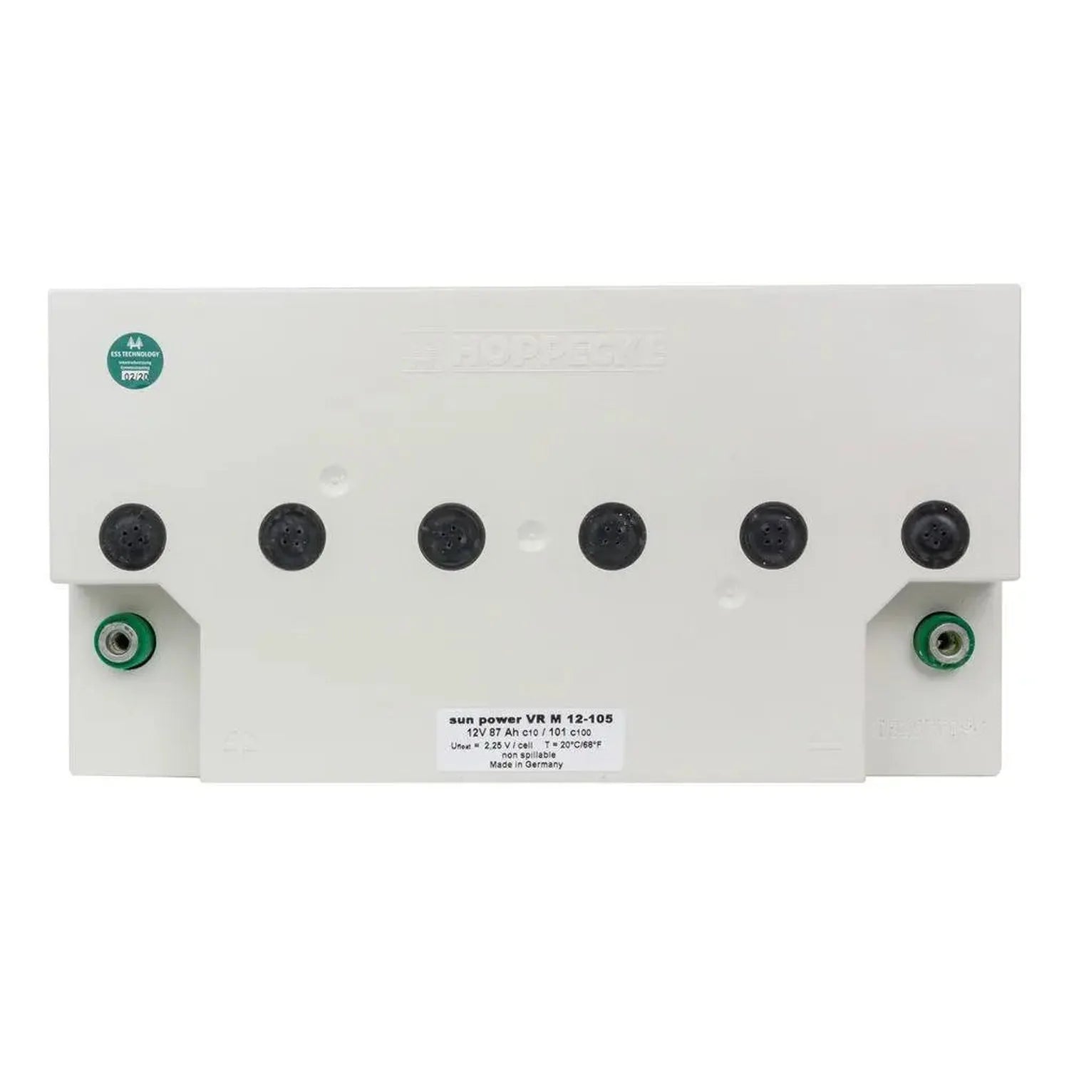 White rectangular battery with six black terminals on front face and two green connection posts on sides, label reads sun pow