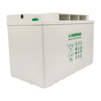 White Hoppecke AGM deep cycle battery with green branding, featuring recycling and care instruction symbols on front panel an