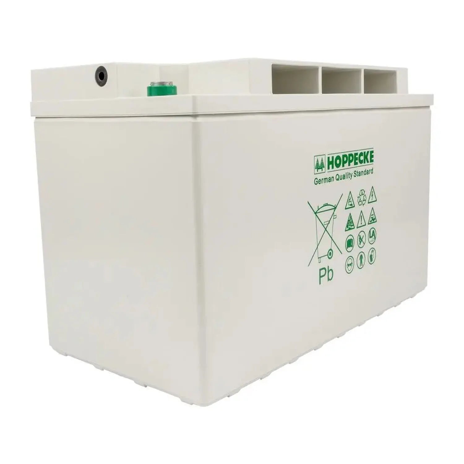 White Hoppecke AGM deep cycle battery with green branding, featuring recycling and care instruction symbols on front panel an