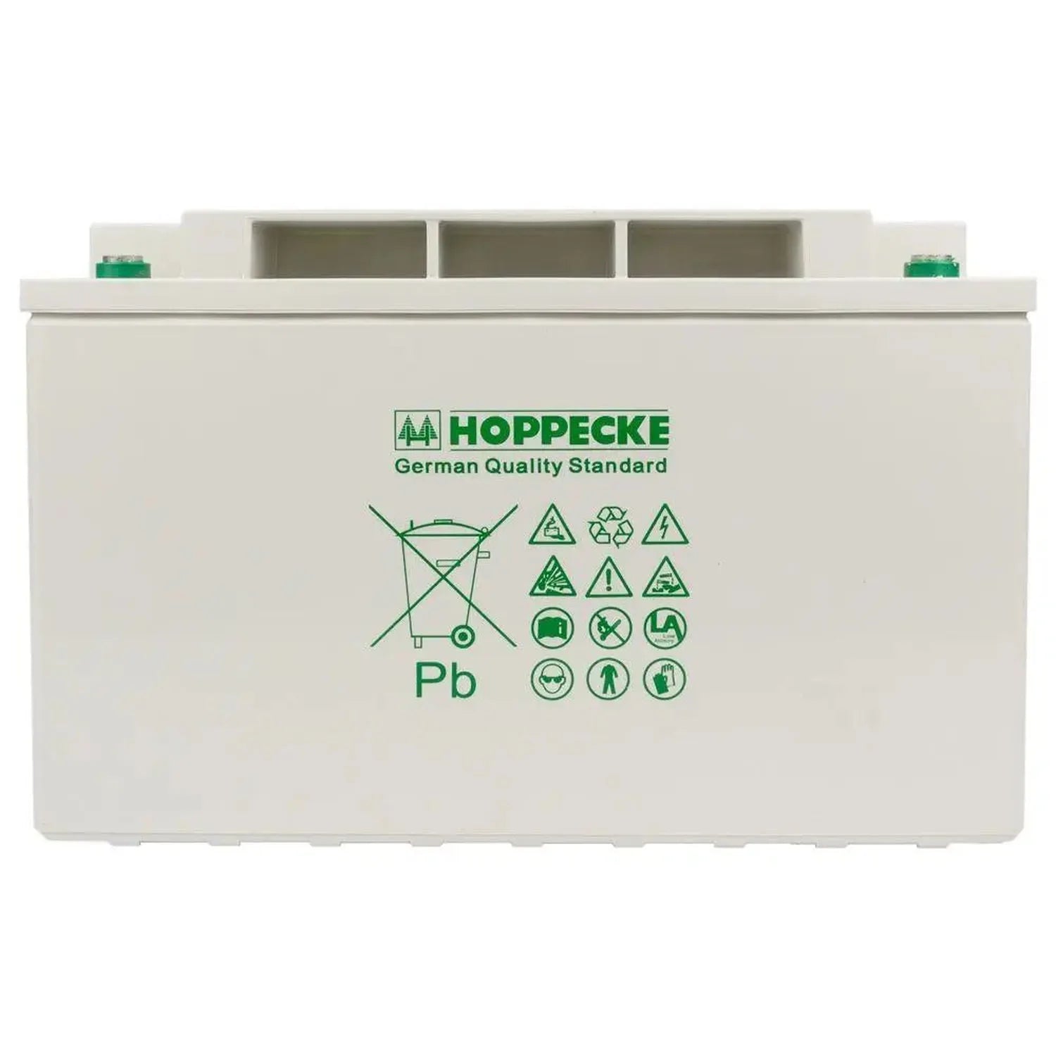 Hoppecke 12V deep cycle battery with cream-colored plastic casing, green branding, recycling symbols, and three compartment o