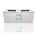 Hoppecke 12V deep cycle battery with white casing, green branding, and recycling/safety symbols on front face.