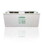 Hoppecke 12V deep cycle battery with white casing, green branding, and recycling/safety symbols on front face.