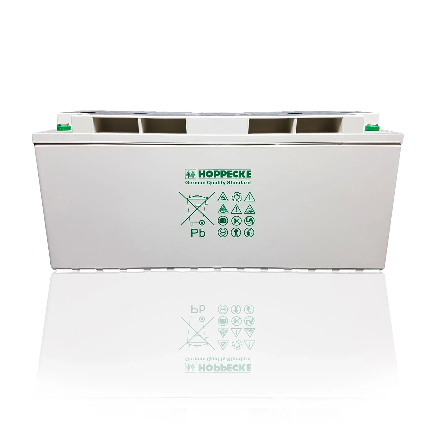 Hoppecke 12V deep cycle battery with white casing, green branding, and recycling/safety symbols on front face.