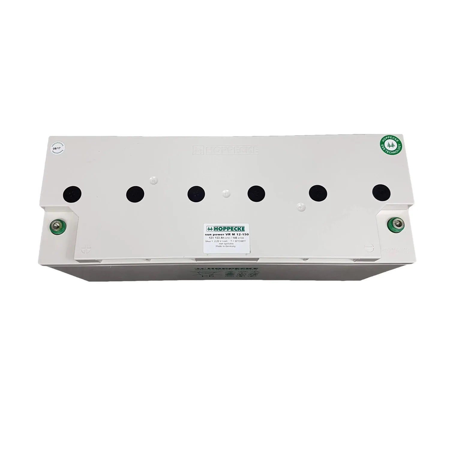 Top-down view of white rectangular Hoppecke AGM deep cycle battery with six black terminal posts and green certification badg