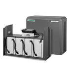 Hoppecke battery storage system showing four white battery modules with black handles mounted on black frame, with power mana