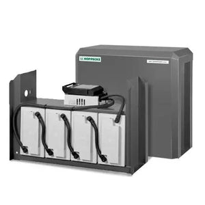 Hoppecke battery storage system showing four white battery modules with black handles mounted on black frame, with power mana