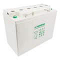 Hoppecke 12V deep cycle battery with white casing, green branding, and vent caps on top, shown as product display photograph.