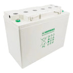 Hoppecke 12V deep cycle battery with white casing, green branding, and vent caps on top, shown as product display photograph.