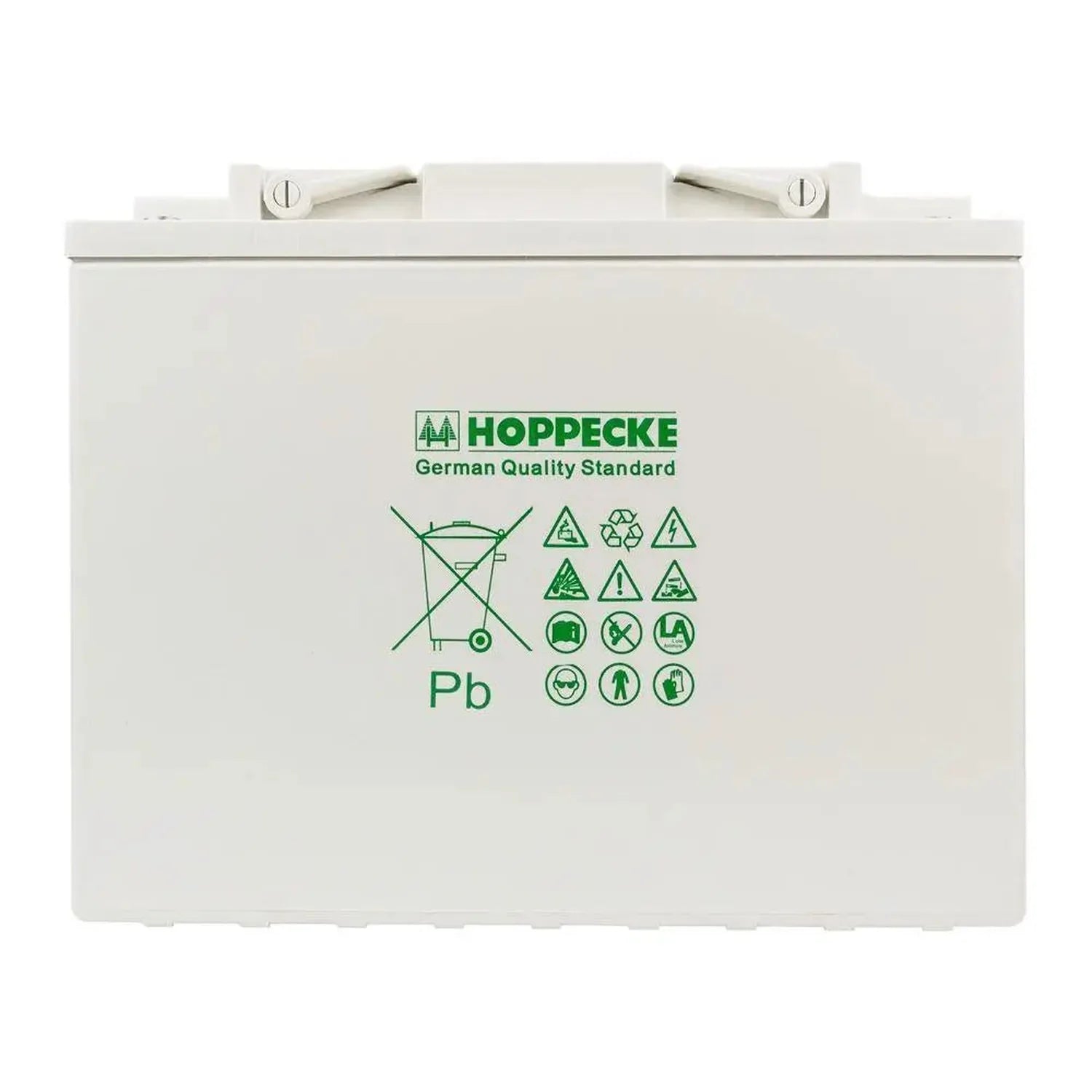 Hoppecke deep cycle battery packaging showing German quality standard logo, care instructions, and lead content warning label
