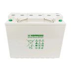 Hoppecke 12V deep cycle battery with white case, green branding, terminals on top, and recycling symbols indicating German qu