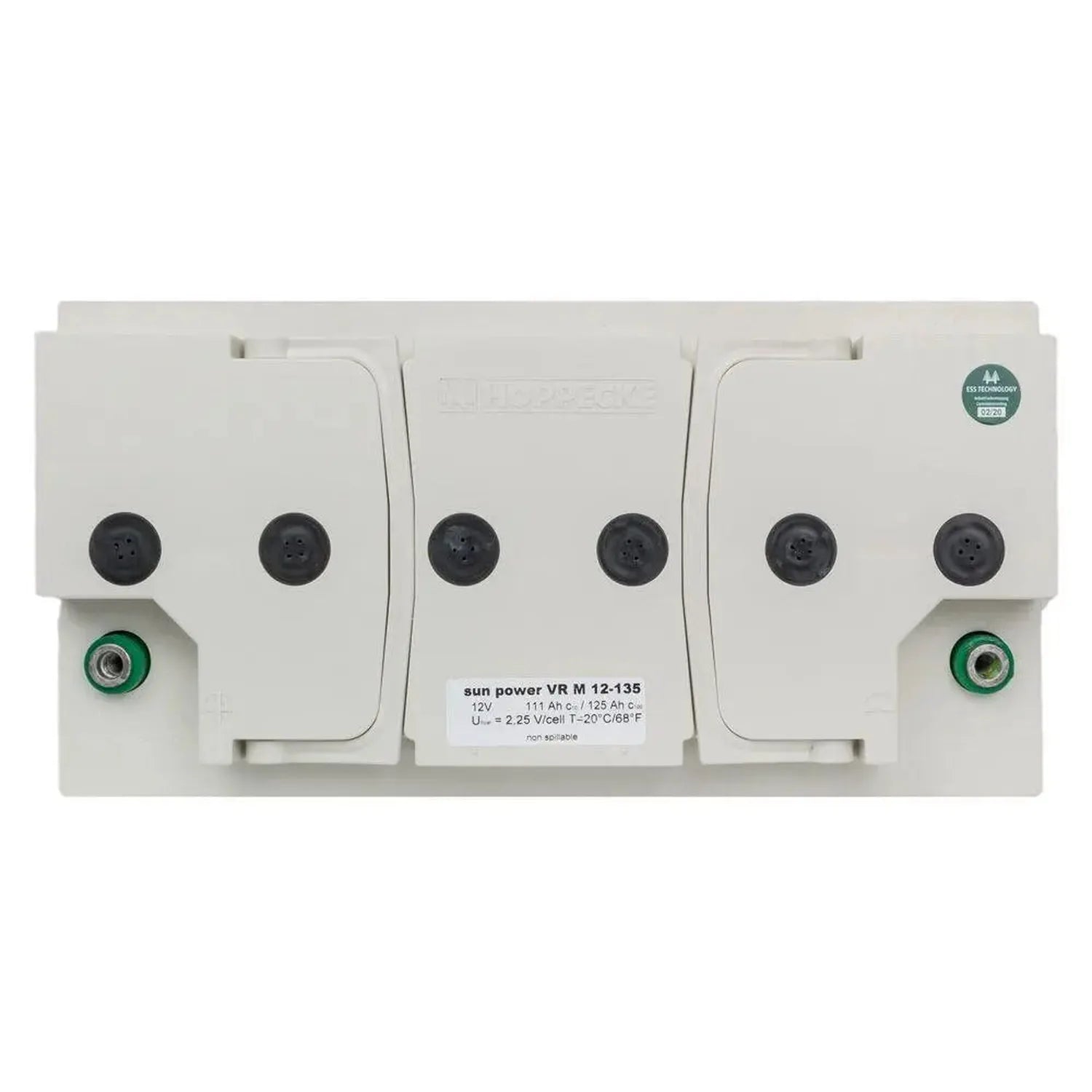Sun Power VR M 12-135 battery pack with six terminal posts and green circular connectors, front view.
