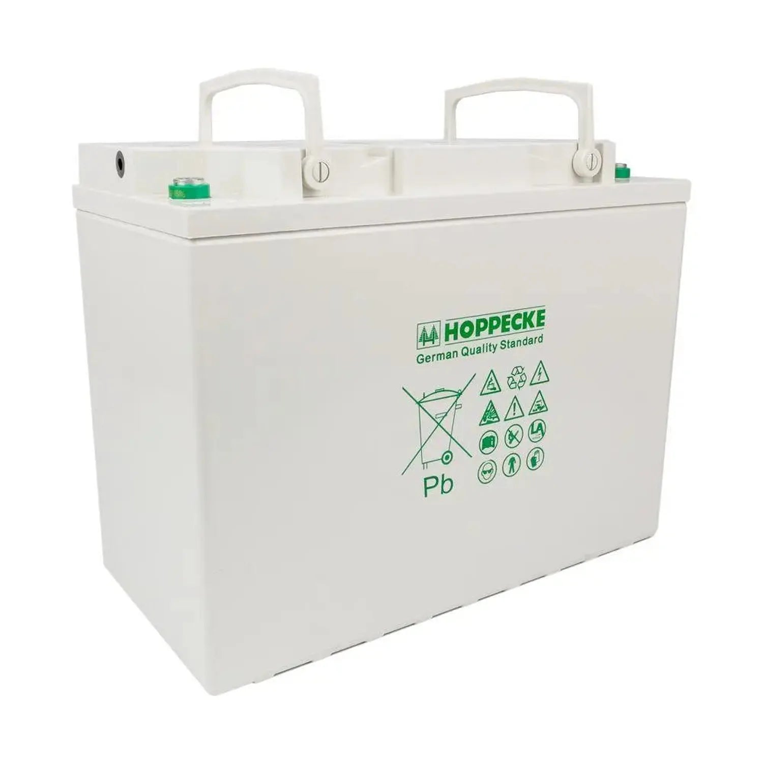 White Hoppecke lead-acid battery with dual carrying handles, green branding, and recycling symbols on front face.