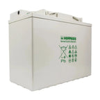 Hoppecke 12V deep cycle battery with cream-colored case, German quality standard marking, and care instruction symbols includ