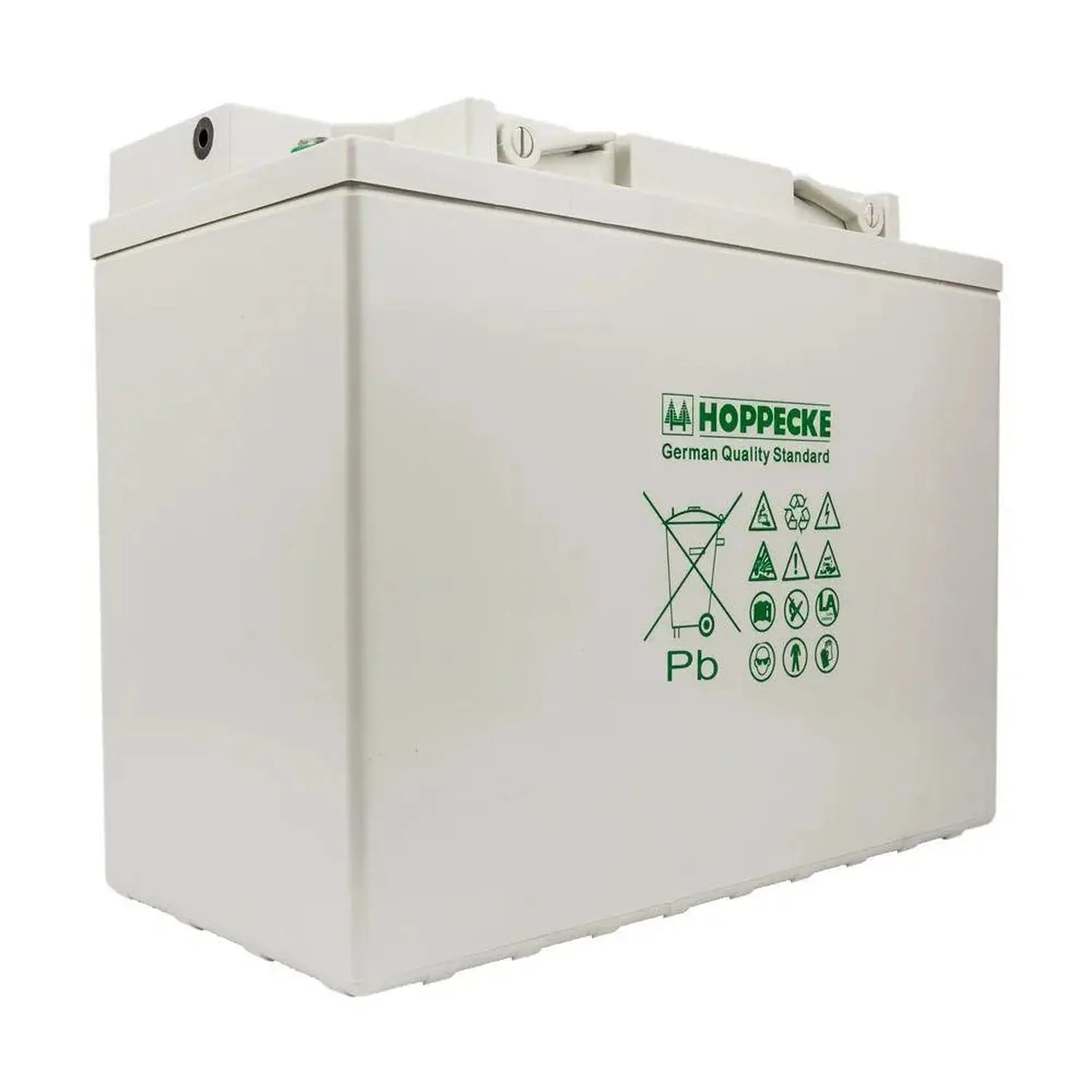 Hoppecke 12V deep cycle battery with cream-colored case, German quality standard marking, and care instruction symbols includ