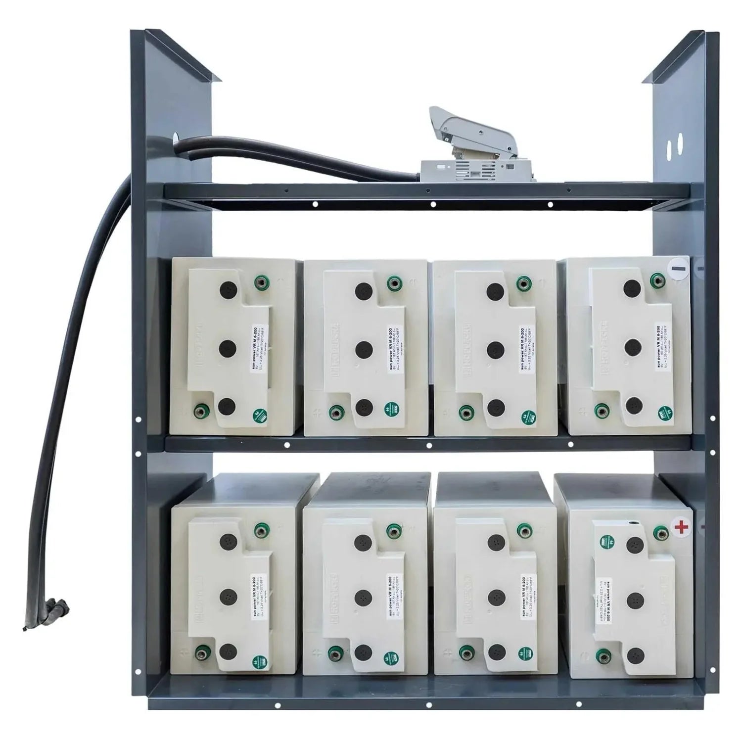 Sun Power Classic 16kWh battery rack with eight cream-colored AGM modules arranged in two rows on metal frame with mounting h