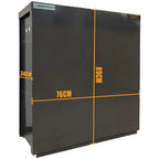 Hoppecke Voltagon battery enclosure with dimensions marked: 76cm width, 34cm depth, 90.68cm height, dark gray cabinet with or