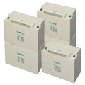 Four stacked cream-colored Hoppecke lead-acid batteries with green terminal caps and safety symbols on their fronts.