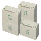 Four stacked cream-colored Hoppecke deep cycle batteries with green terminal caps and recycling symbols, shown as product dis