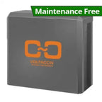 Gray rectangular Voltacon battery unit with orange logo and "Maintenance Free" green banner label