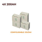 Four cream-colored lead-acid batteries arranged in a staggered formation, labeled 4X 200AH, configurable 12V/24V.