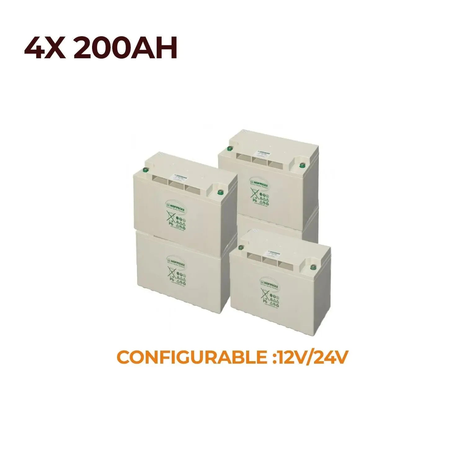 Four cream-colored lead-acid batteries arranged in a staggered formation, labeled 4X 200AH, configurable 12V/24V.
