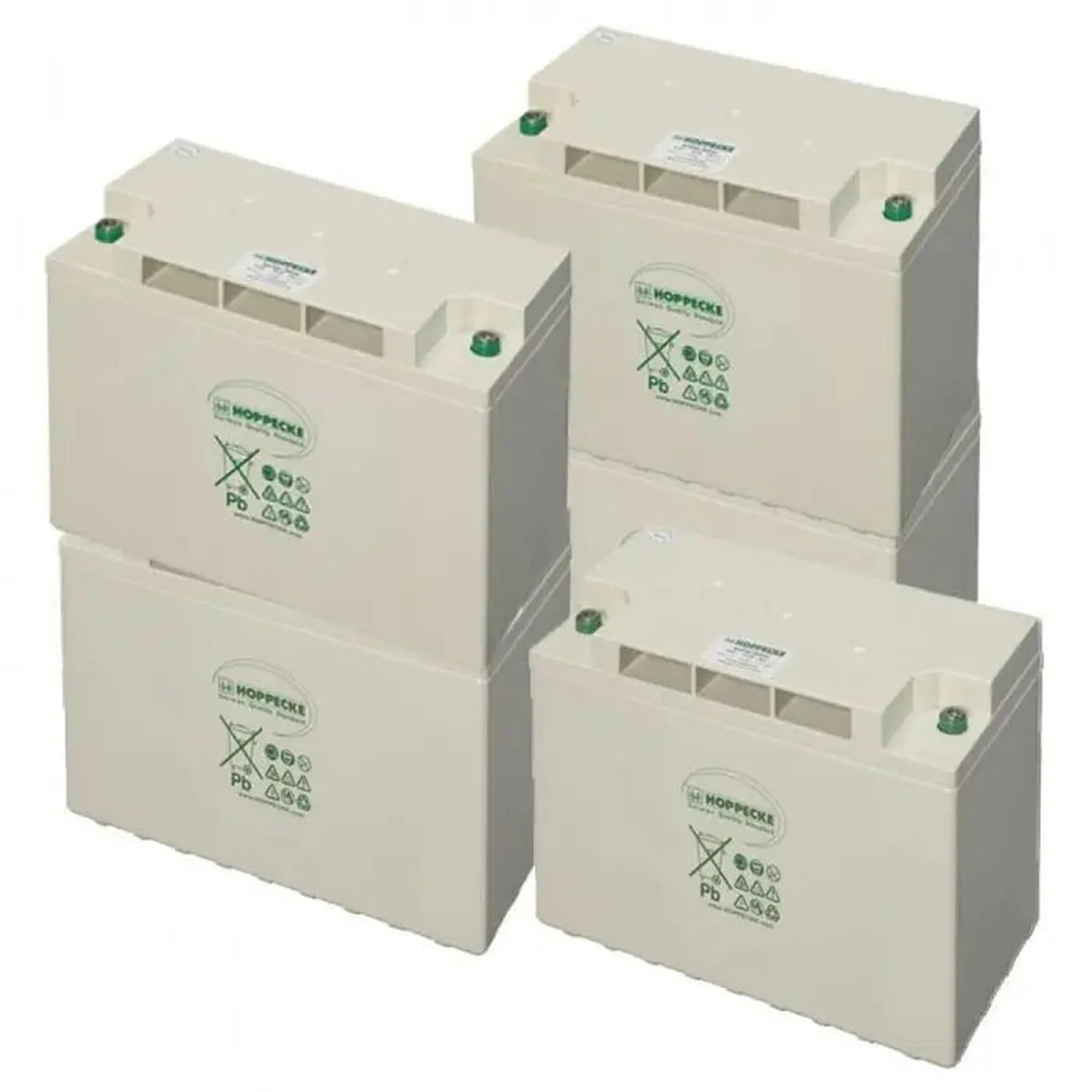 Four cream-colored Hoppecke deep cycle batteries arranged in two stacks, each with green terminals and recycling symbols on t