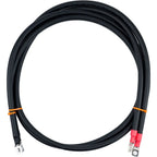 Black insulated battery cable with red and silver terminal connectors coiled against white background.