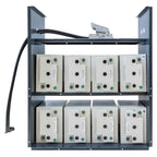 Sun Power Classic 8 battery modules mounted on steel rack with power management unit on top and black cable routed along left