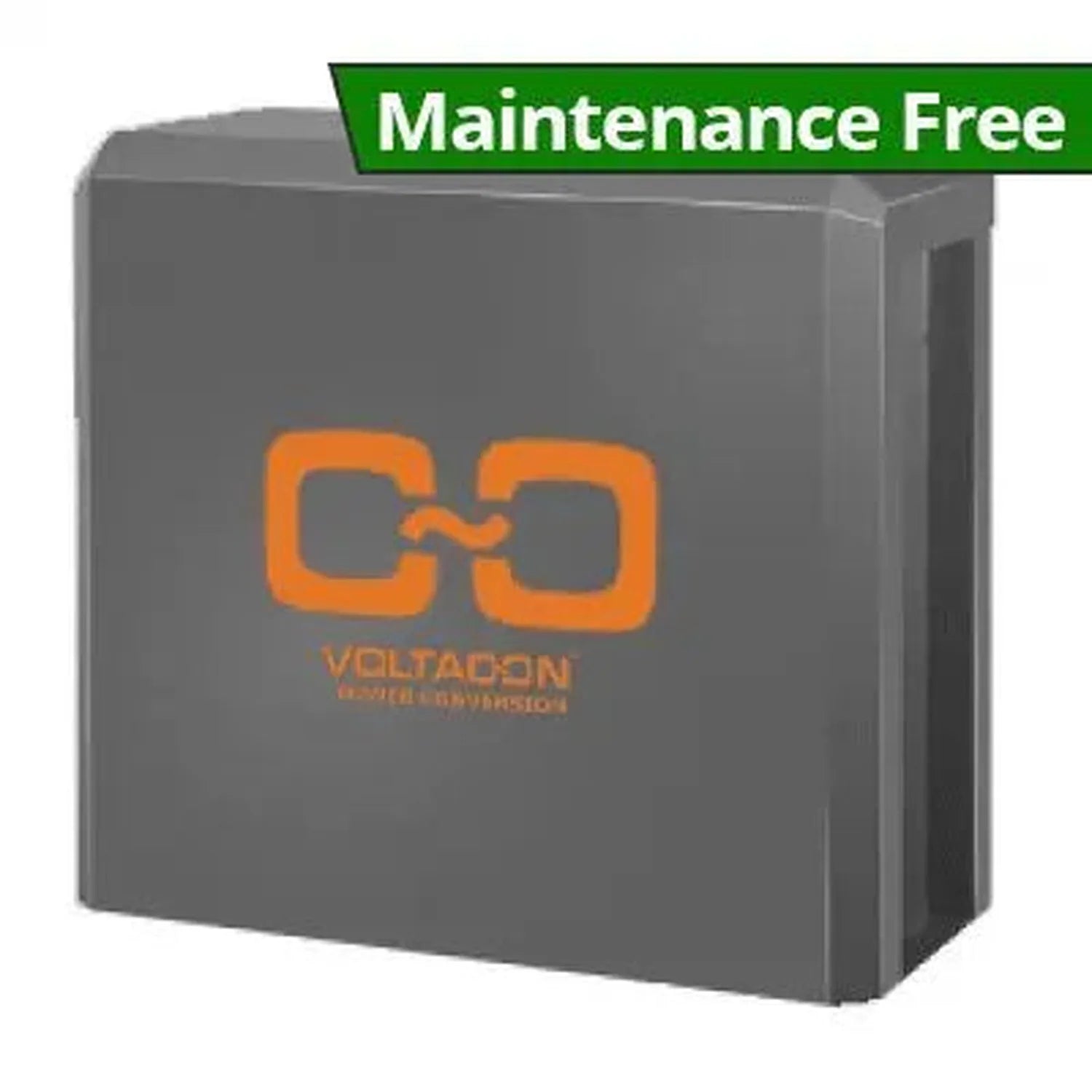 Gray rectangular battery storage unit with orange Voltacom branding and "Maintenance Free" green banner label on top.