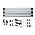 LED cabinet lighting kit with three T5 strips, motion sensor, power cords, mounting brackets, and installation hardware displ