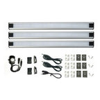 LED cabinet lighting kit with three T5 strips, motion sensor, power cords, mounting brackets, and installation hardware displ