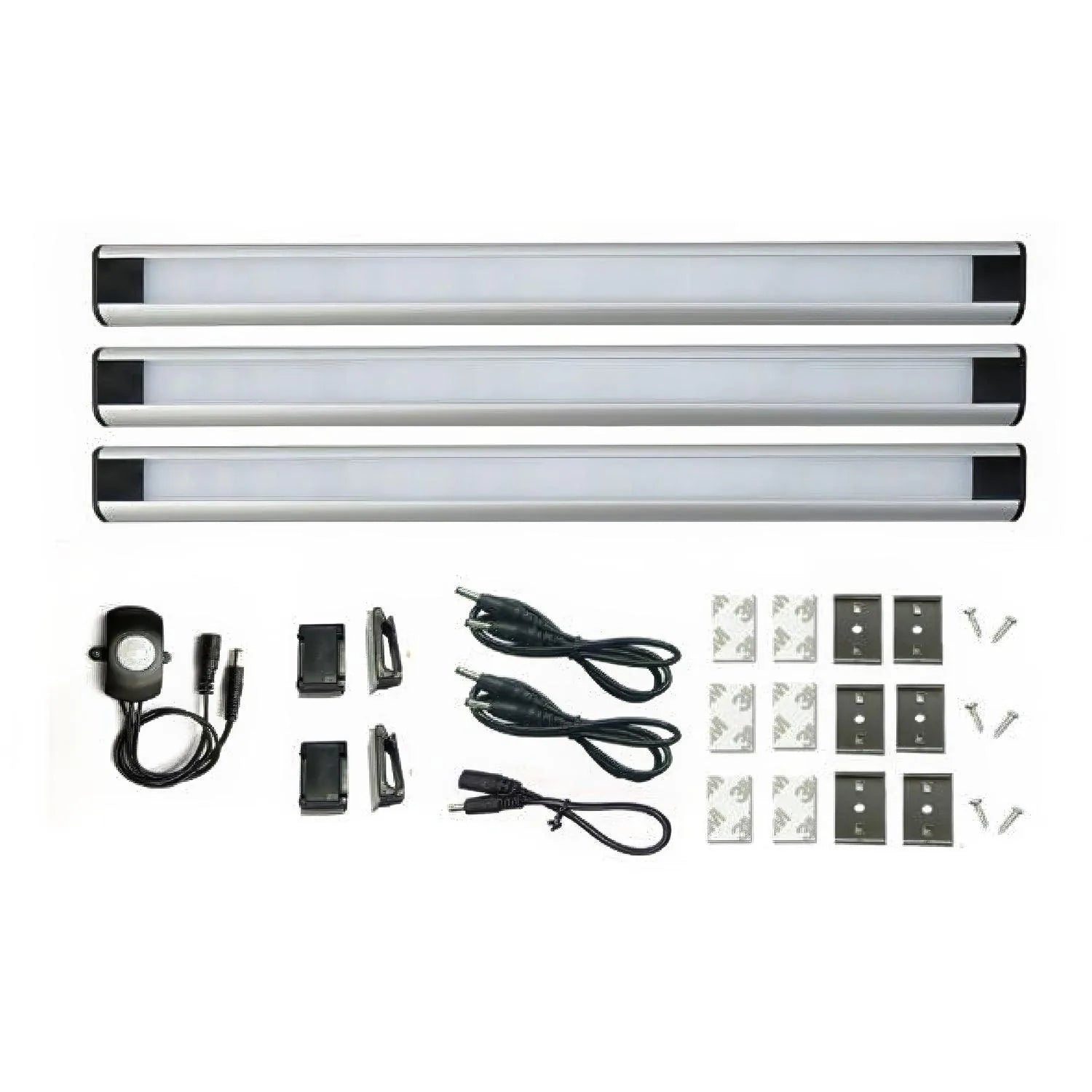 LED cabinet lighting kit with three T5 strips, motion sensor, power cords, mounting brackets, and installation hardware displ