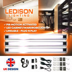 Ledison LED cabinet lighting kit showing three white T5 strips with motion sensor and installation accessories including cabl
