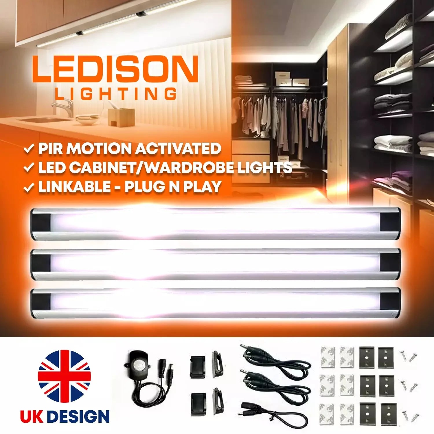 Ledison LED cabinet lighting kit showing three white T5 strips with motion sensor and installation accessories including cabl