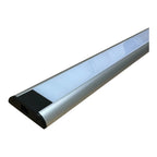 LED under-cabinet light strip with blue-white illumination, aluminum housing, and black end cap with motion sensor.