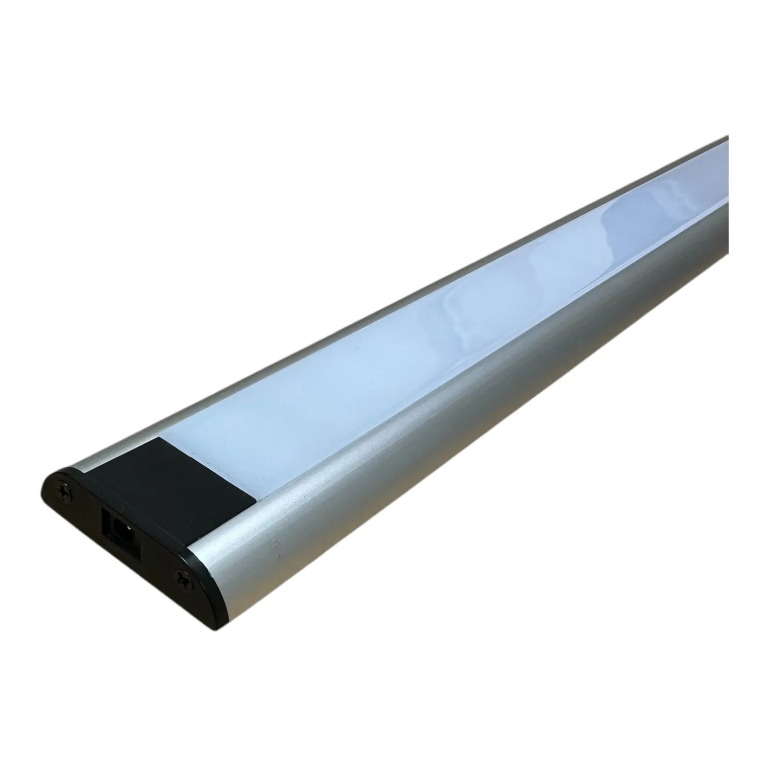 LED under-cabinet light strip with blue-white illumination, aluminum housing, and black end cap with motion sensor.