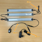 LED cabinet lighting kit with three aluminum strip lights, motion sensor, power adapter, and cables labeled with dimensions o