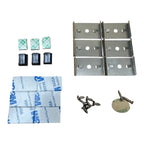 LED cabinet lighting kit components including metal mounting brackets, adhesive tape, motion sensor, screws, and T5 light str