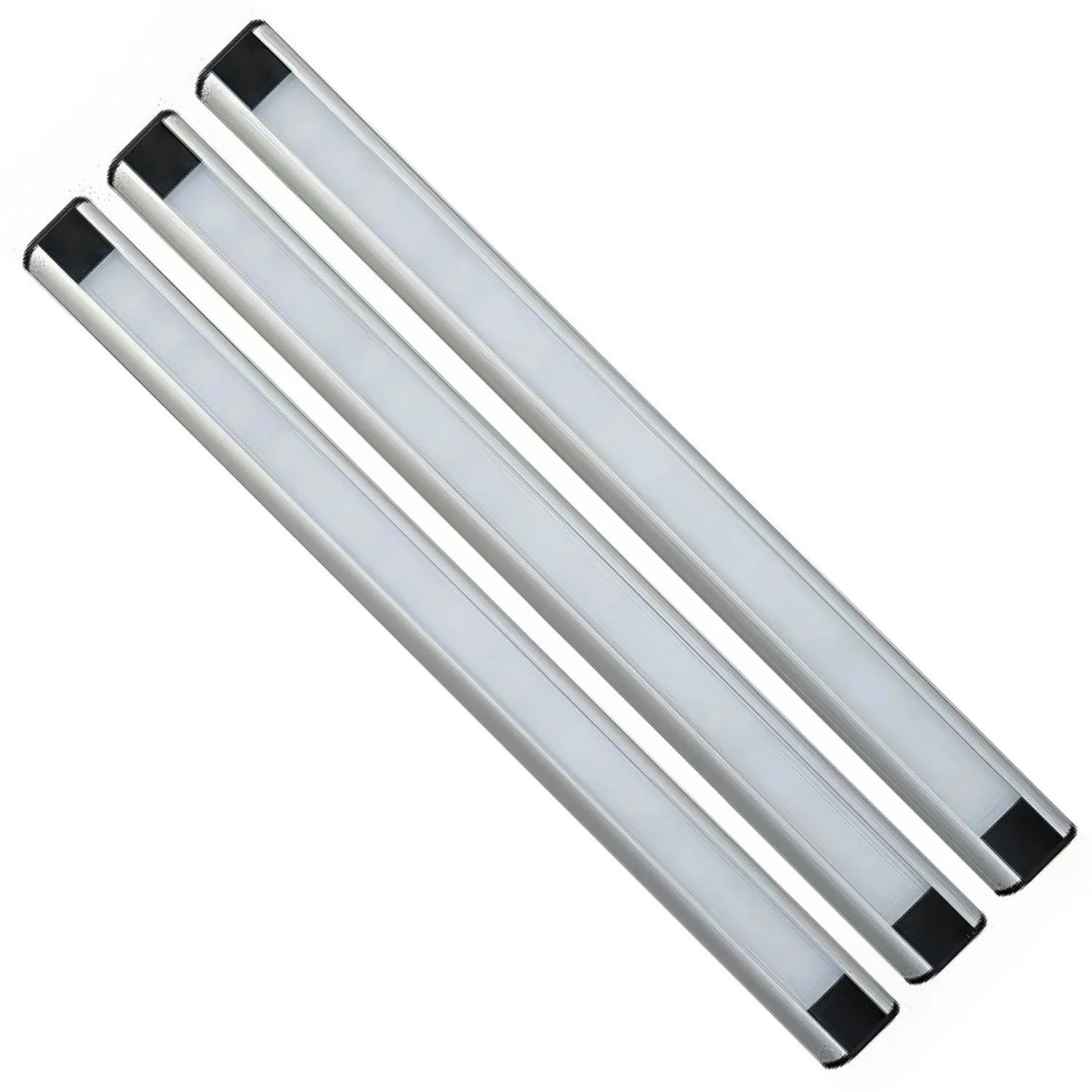 Three silver LED light strips with black end caps arranged diagonally, product alone on white background.