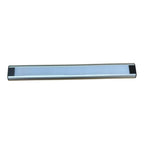 LED cabinet light strip with silver aluminum body and frosted diffuser, viewed against white background.