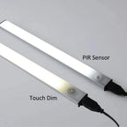 Two LED under-cabinet light bars shown side by side against gray background, one labeled Touch Dim with control button, one l