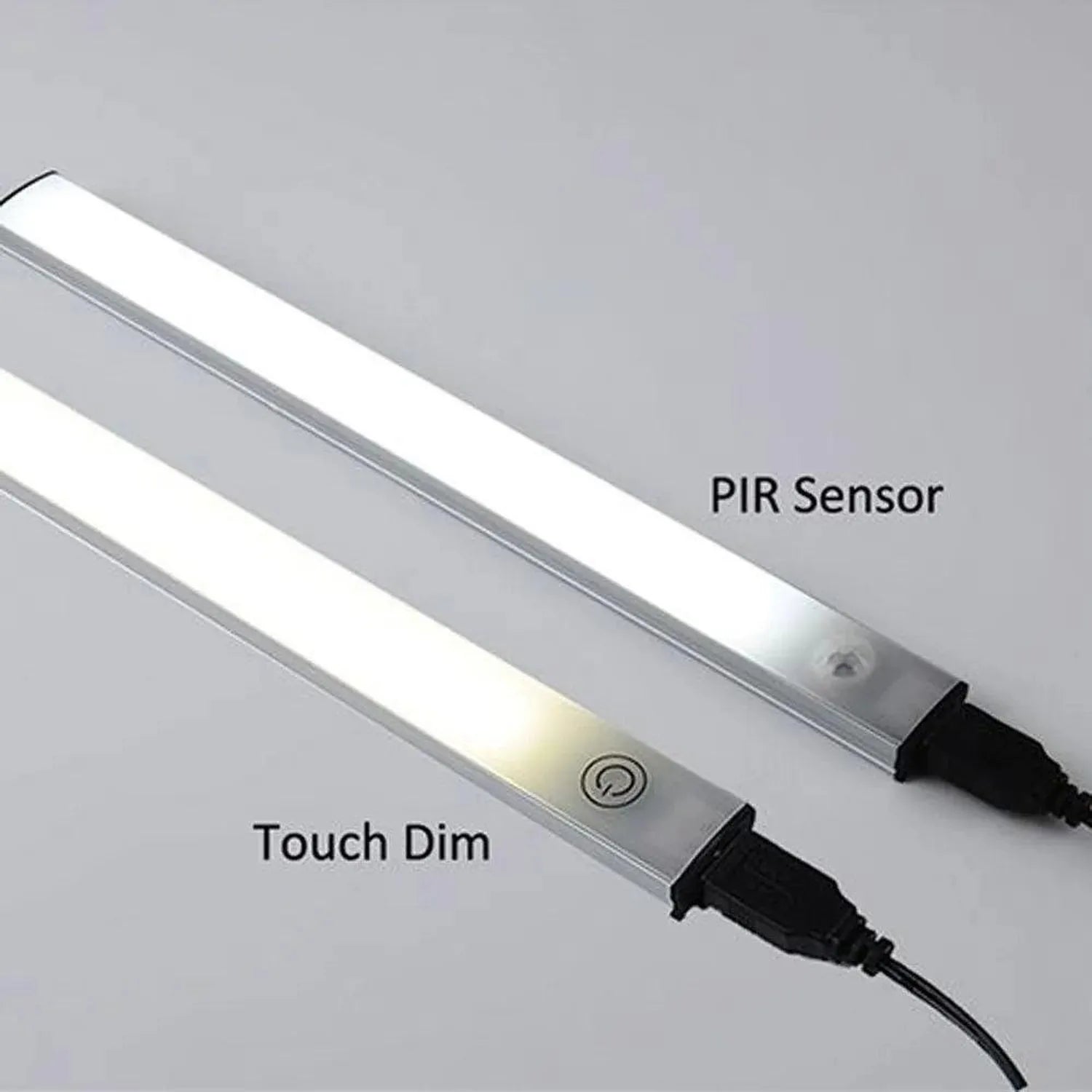 Two LED under-cabinet light bars shown side by side against gray background, one labeled Touch Dim with control button, one l