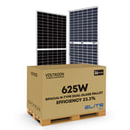 Voltagon 625W bifacial N-type dual glass solar panels on wooden pallet with cardboard shipping box, 36 pack, 23.3% efficiency